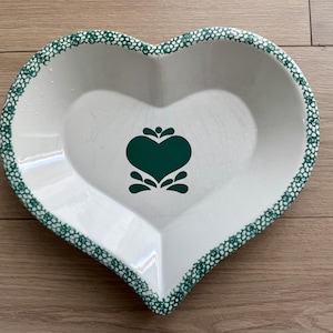 Vintage Heart-Shaped Green and White Stoneware Pie Dish