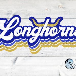 Longhorns, teamkleuren, cheer, schoolgeest, png, jpg, sublimatie, zeefdruk, truien, teamshirt, sport, blauw en goud