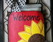 Sunflower on Mason Jar Burlap Door Hanger Decoration and Wreath Replacement. RED