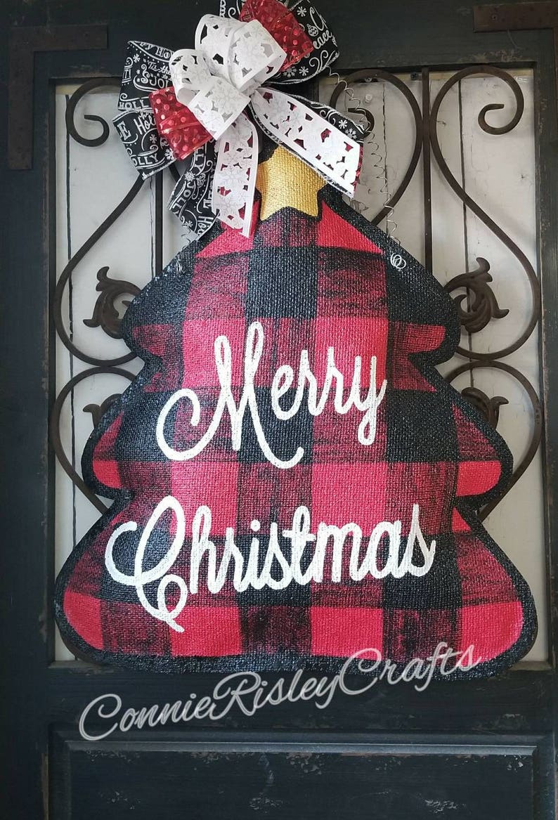 Hand painted burlap door hanger Buffalo plaid Christmas tree