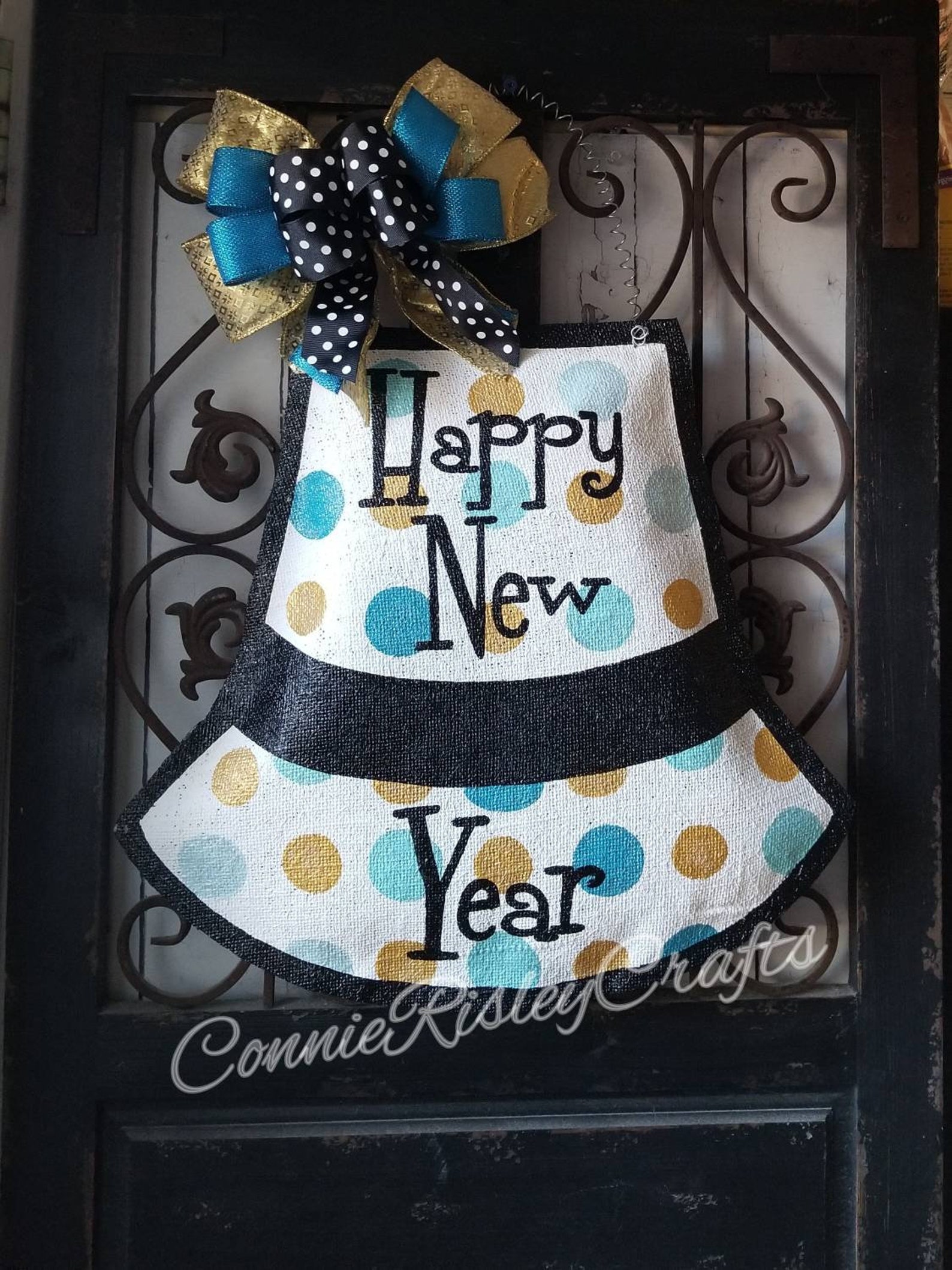 Happy New Year Door Decor. Hand Painted Burlap Door Hanger. Etsy