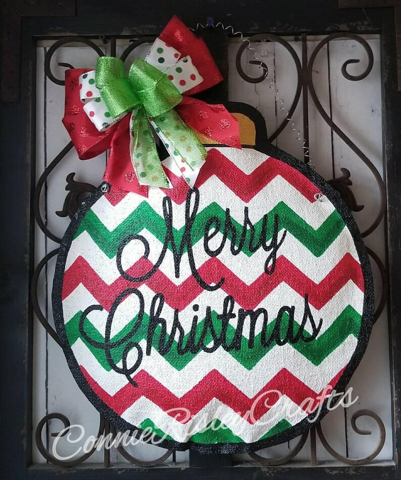 Christmas ornament burlap door hanger. Chevron stripes Etsy