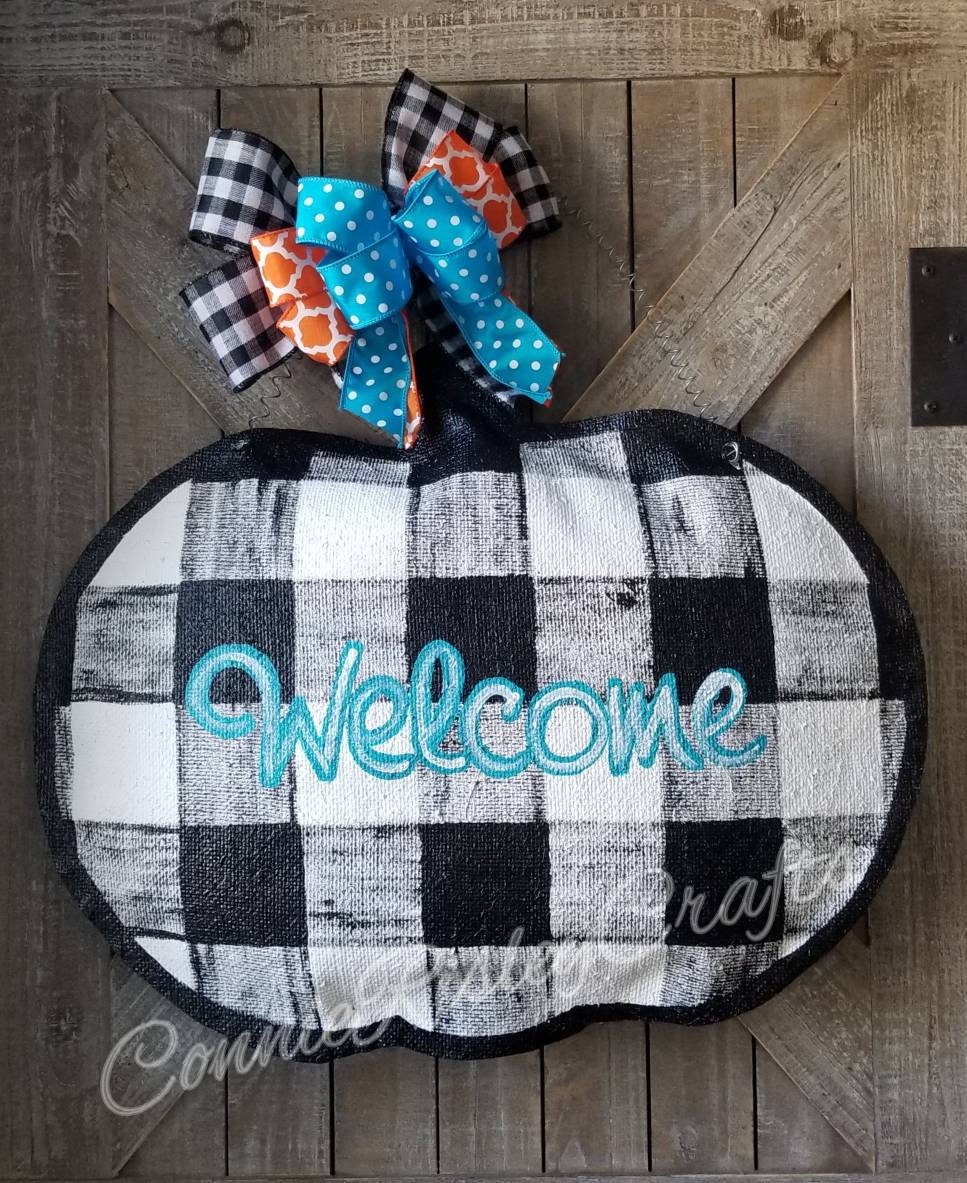 and sunflower door hanger Plaid pumpkin