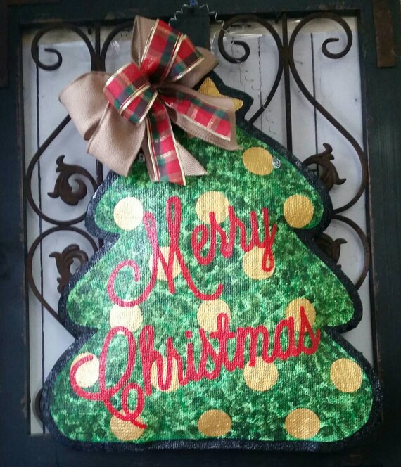 Christmas Tree Burlap Door Hanger With Gold Ornaments Christmas Door Decorations Christmas Wreath