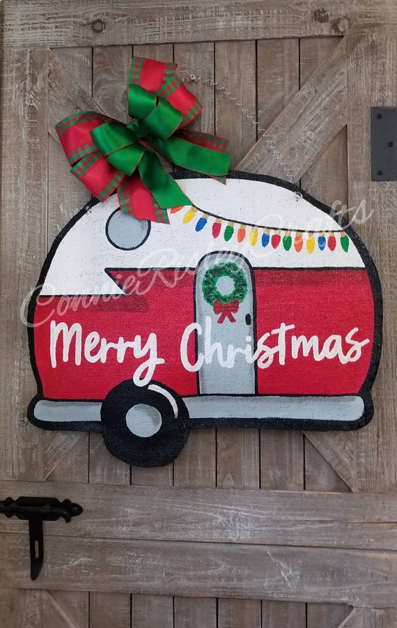 Vintage Camper Burlap Door Hanger Christmas Wreath