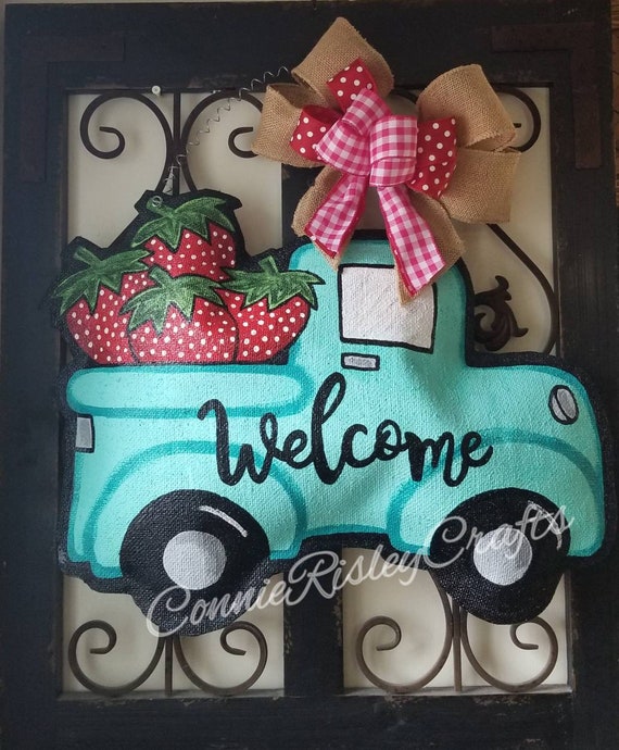 Strawberry Filled Vintage Truck Burlap Door Hanger Etsy
