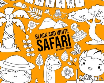 Safari Kids and Animal Clipart -  Jungle Animal Clip Art - Black and White -  Free SVG on Request