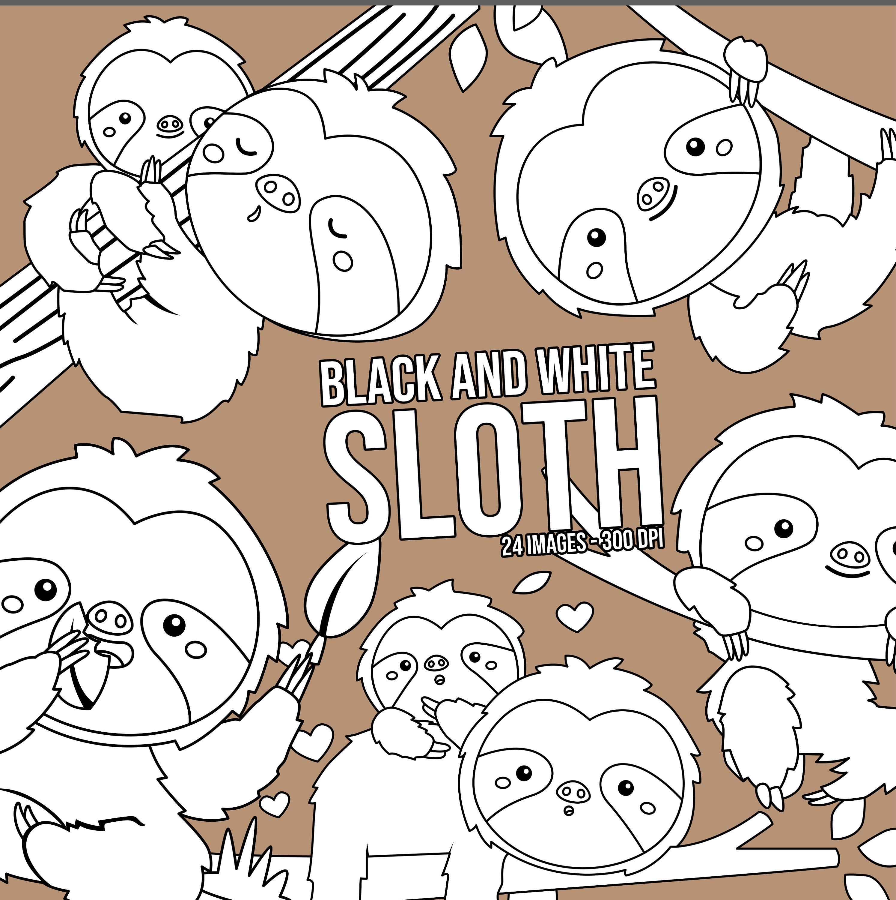 Download Cute Sloth Clipart Black And White Clipart Cute Animal Etsy