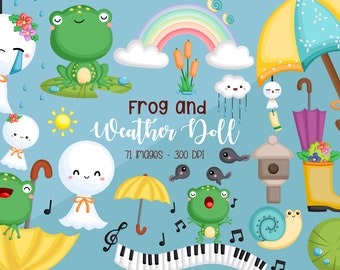 Frog and Weather Doll Clipart - Cute Tradition Clip Art - Rainy Days - Free SVG on Request