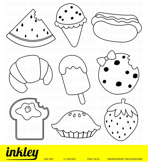 Summer Food Clipart Black And White Clip Art Digital Stamp Etsy