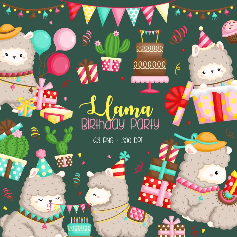 Download Birthday Llama Clipart Cute Animal Clipart Birthday | Etsy