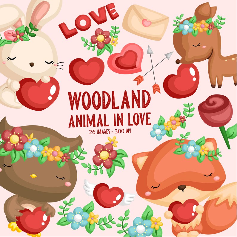 Woodland Animal in Love Clipart Wild Animal Clip Art Cute Etsy
