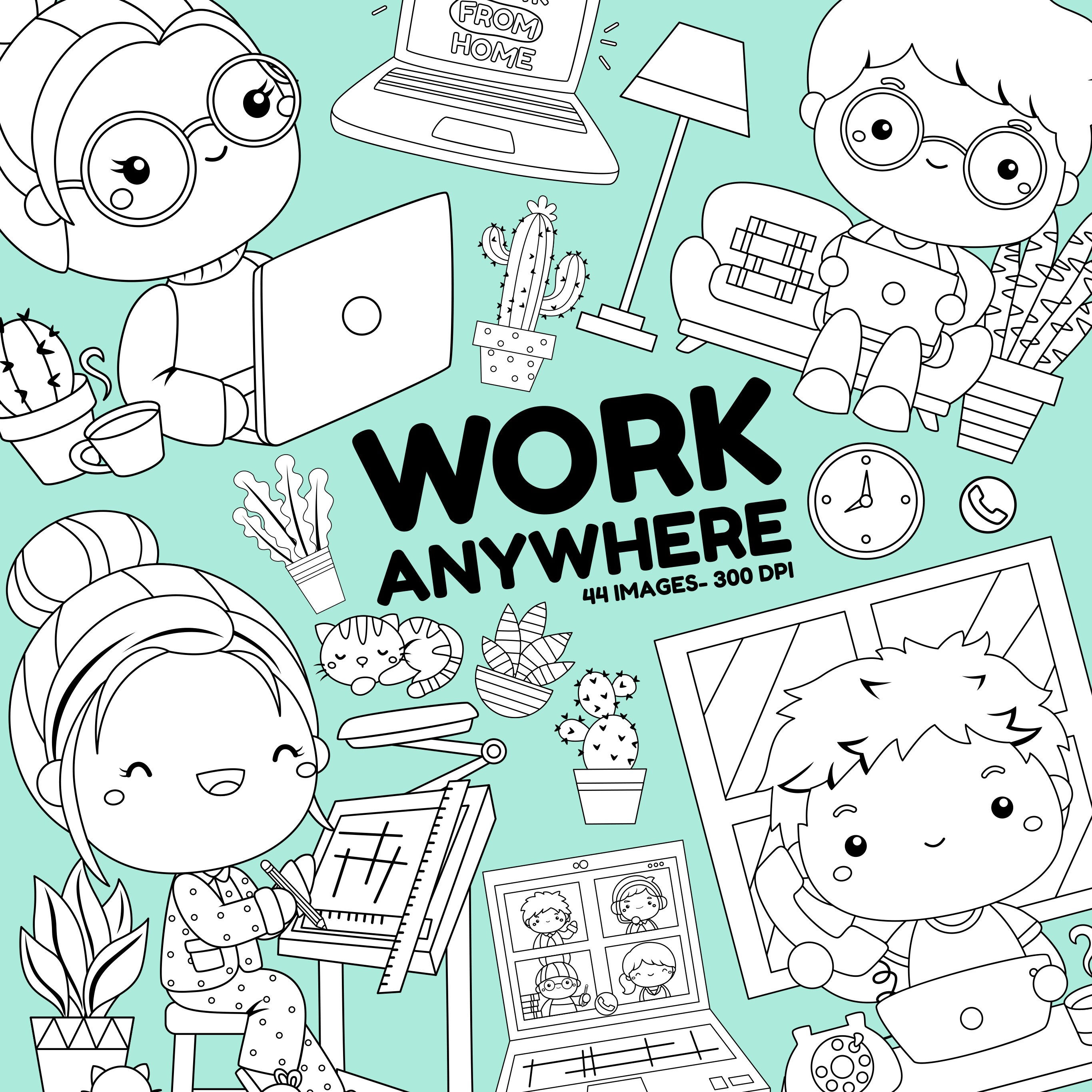 Work Anywhere Clipart Working Clipart Zwart-Wit Gratis | Etsy