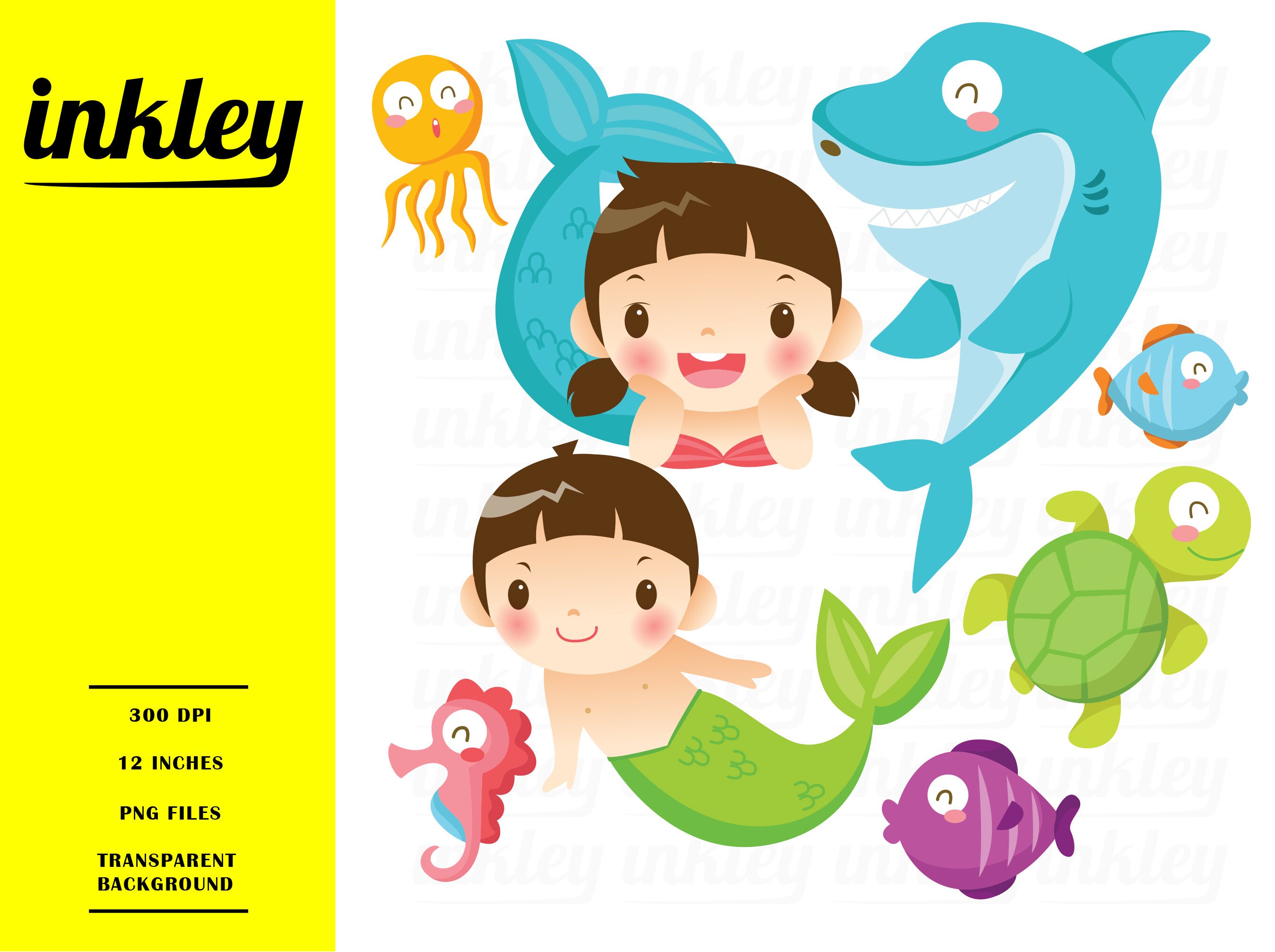 Under The Sea Clipart Cute Mermaid Clip Art Fish And Shark Etsy