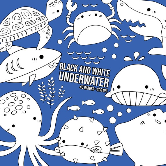 Underwater Clipart Under The Sea Clip Art Black And White Etsy