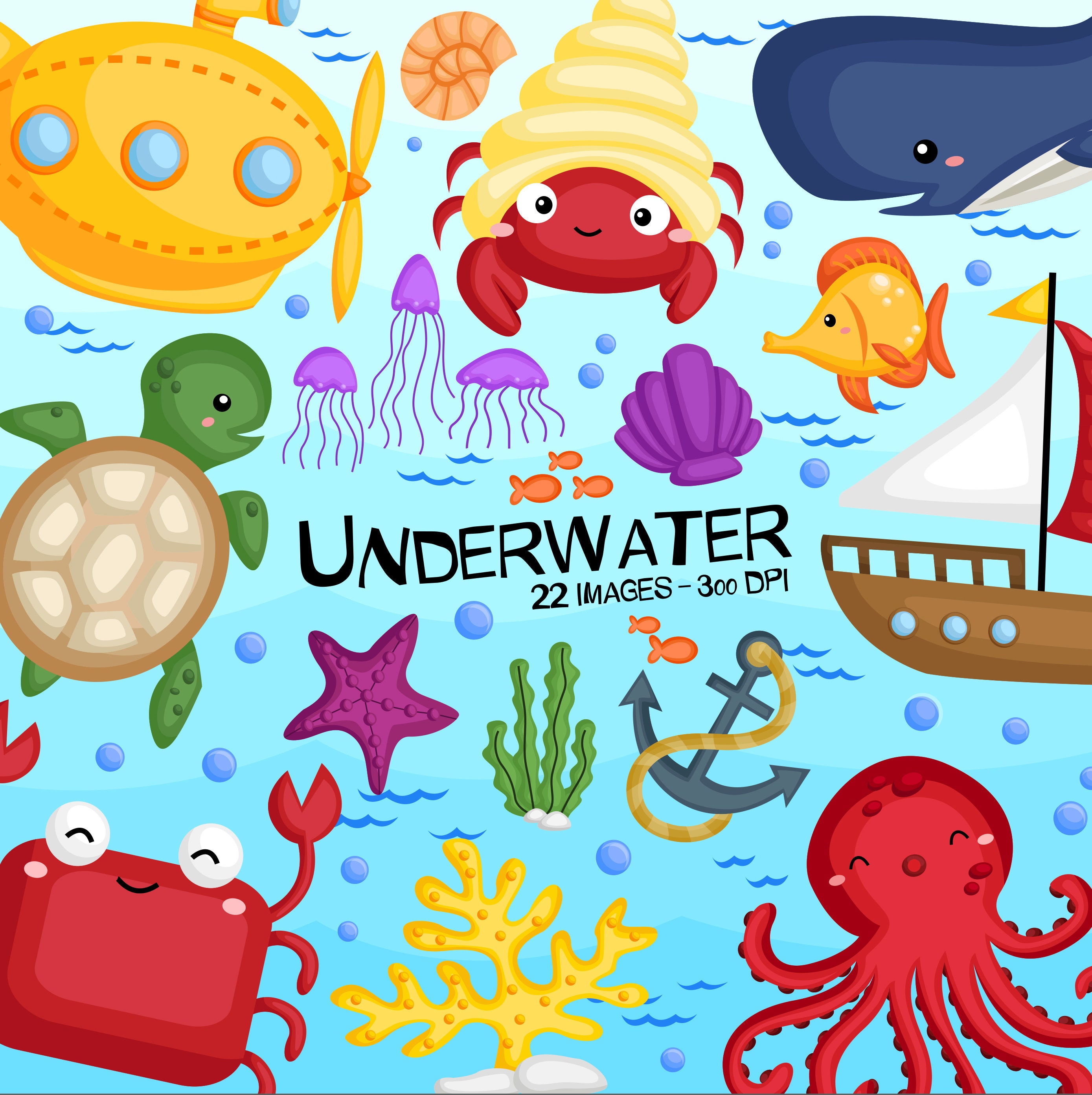 Underwater Animal Clipart Under The Sea Clip Art Cute Etsy
