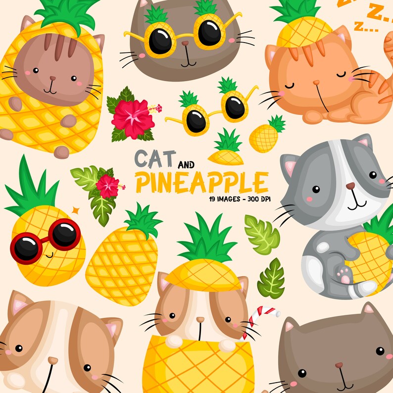 Pineapple and Cat Clipart Cute Cat Clip Art Fruits and Etsy