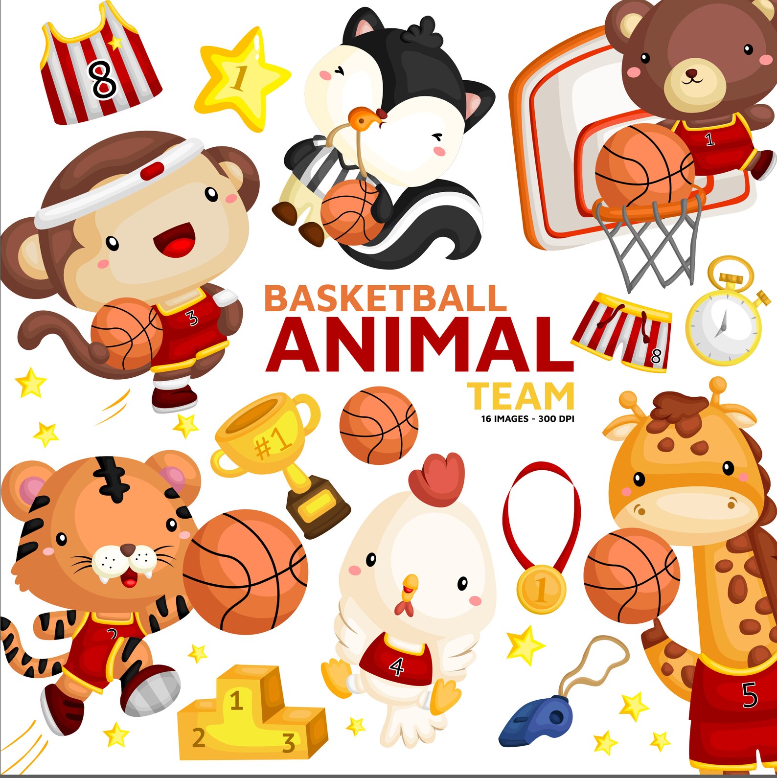 Animal Playing Basketball Clipart Cute Animal Clip Art Etsy