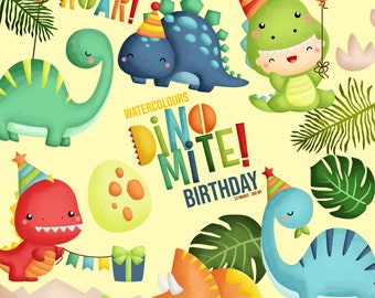 Watercolors Jurassic Animal Clipart - Cute Dinosaur Clipart - Birthday Party Clipart - Free SVG on Request