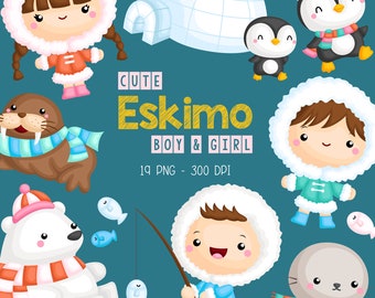 Cute Eskimo Kids Clipart - Cute Animal Clip Art - Polar Wild Animal - Free SVG on Request