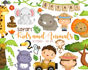 Safari Kids and Animal Clipart -  Jungle Animal Clip Art - Cute Animal -  Free SVG on Request