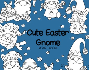 Easter Gnome Clipart - Cute Gnome with Easter Egg Clip Art - Easter Holiday - Black and White - Free SVG on Request