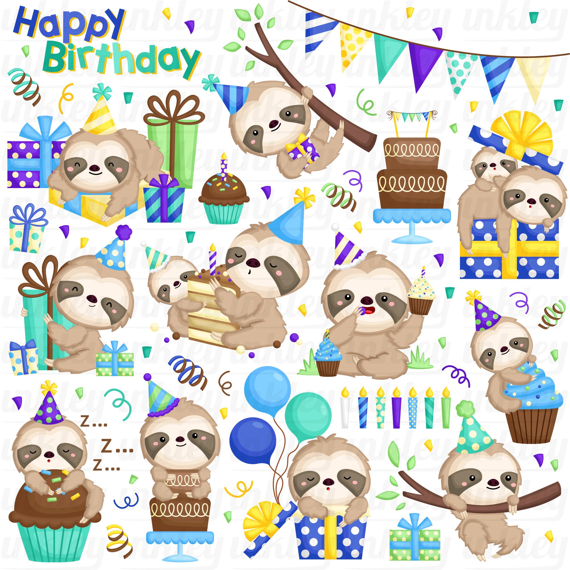 Birthday Sloth Clipart Cute Sloth Clip Art Birthday Party | Etsy