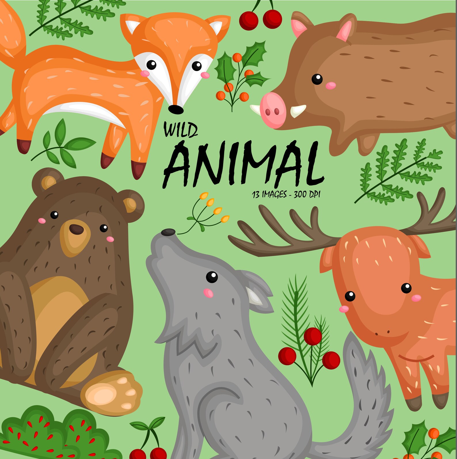 Wild Animal Clipart Cute Animal Clip Art Safari Animal Etsy