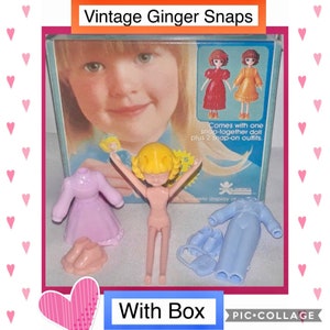 May include: A vintage Ginger Snaps doll set with box. The set includes a doll with yellow hair, two snap-on outfits, and a pair of shoes. The box features a picture of a girl and the text "Vintage Ginger Snaps" and "With Box".