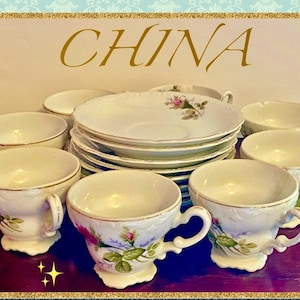 Tea Set BOND WARE Hand Painted - Matching Set Includes 3 Nice Cups, 5 flaw Cups, & 9 Nice Saucers. Beautiful Rose Pattern trimmed in gold