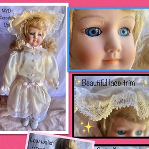 Beautiful Vintage Porcelain Doll by Marian Yu Designs MYD with gorgeous BLUE Eyes, Long Curly Blonde Wig in a Gorgeous Victorian Dress!