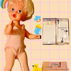 Vintage Mattel Baby Fun Doll, Cabbage Patch Case, Miki Wardrobe (3pc Set)