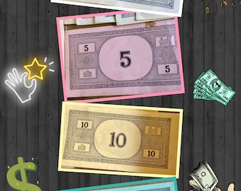 May include: A collage featuring play money in denominations of 1, 5, 10, and 20. The bills are in various colors, including white, pink, yellow, and blue. The image also includes stacks of gold coins, a dollar sign, and a hand holding a $50 bill.
