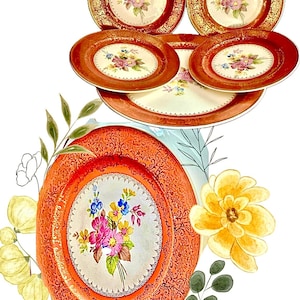 Vintage Edwin M Knowles Floral & gold trim Desert Plate Set with matching Serving Platter