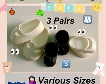 Vintage Doll Shoes: 3 Pairs Replacement Toy Shoes, Various Sizes