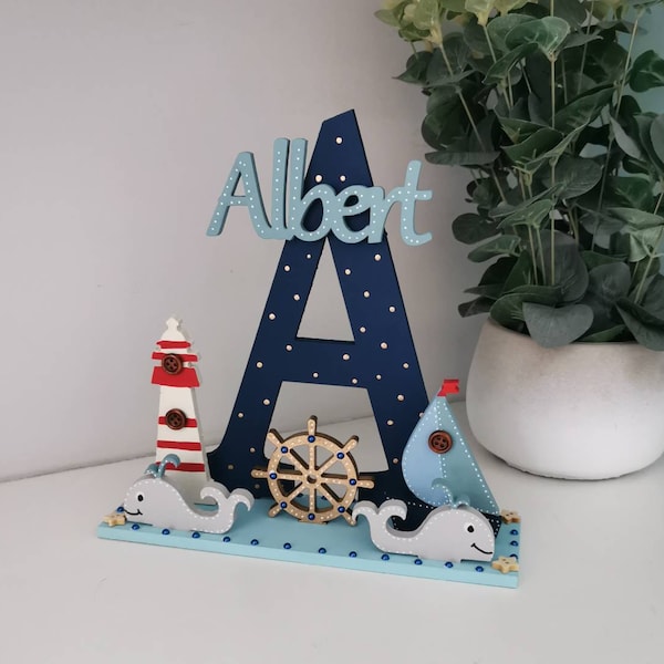 Letra de madera personalizada para guardería náutica, letrero con nombre personalizado independiente, guardería marina, arte náutico para guardería.
