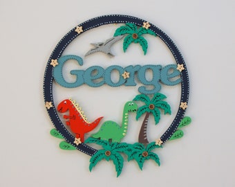 Personalized Dinosaur Bedroom Door Sign, Boys Name Plaque Hoop