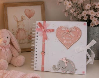 Personalized Baby Girl Memory Scrapbook, Elephant Christening Gift