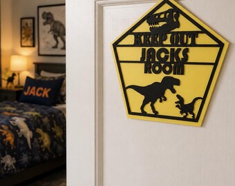 Personalised Boys Dinosaur Door Sign, Jurassic Room Decor Wooden Art