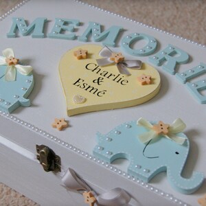 Twin Baby Wooden Memory Box Elephant Theme, Personalised Twin Keepsake ...
