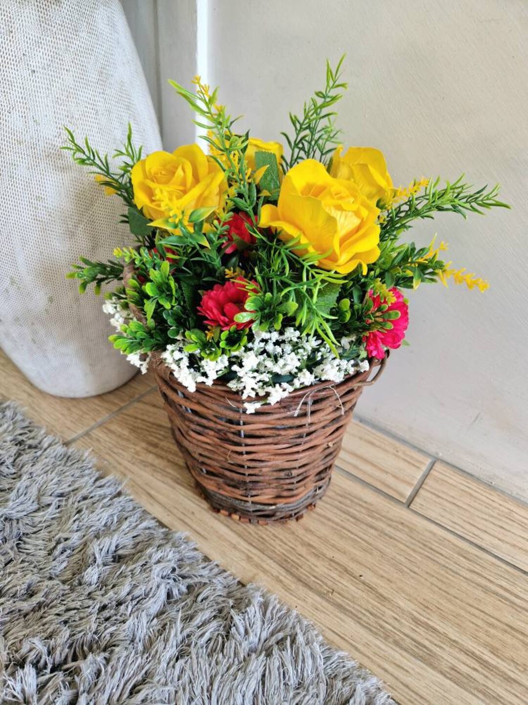 Artificial Yellow Roses Pink Gerbera Foliage and Gyp Floral Etsy UK