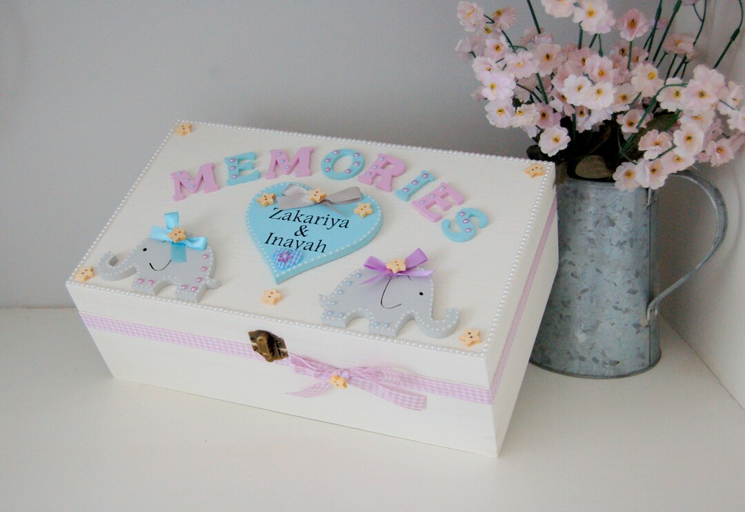 Twin Baby Wooden Memory Box Elephant Theme, Personalised Twin Keepsake ...