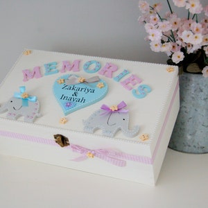 Twin Baby Wooden Memory Box  Elephant Theme, Personalised Twin Keepsake Box,