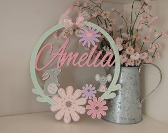 Personalised Baby Girl Nursery Name Hoop Sign, Wooden Nursery Wreath, Mouse & Bunny Nursery Decor, New Baby Girl Christening Gift