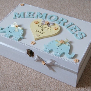 Twin Baby Wooden Memory Box Elephant Theme, Personalised Twin Keepsake ...