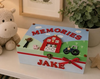 Personalized Farmyard Wooden Memory Box, Nursery Keepsake