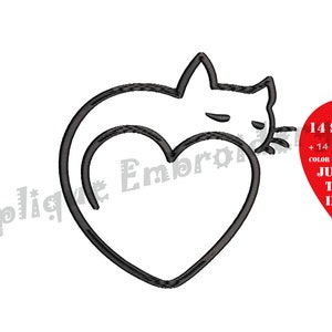 May include: Black outline of a cat curled around a heart shape. A red heart with a push pin and text that reads "14 SIZES DESIGN" and "JUST FOLLOW THE GUIDELINES IN THE PDF FILE."