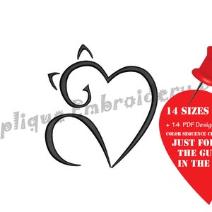 Può includere: Un design a cuore nero a tema gatto con il testo "14 SIZES DESIGN" e "JUST FOLLOW THE GUIDELINES IN THE PDF FILE" su un cuore rosso, trafitto da uno spillo rosso. Il design è per il ricamo.