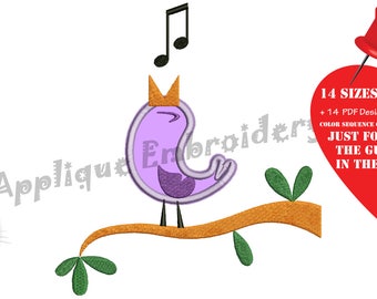 Bird Embroidery Applique Design-  Cute Bird Singing Applique - Spring Embroidery- Applique Patterns-Instant Download-PES