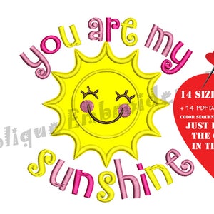 Sun Applique Embroidery Design- You Are My Sunshine- Summer Sun Machine Embroidery Design- INSTANT DOWNLOAD-PES